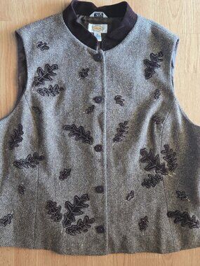 Talbots XL Wool Silk Herringbone Oak Leaf Appliqué Vest